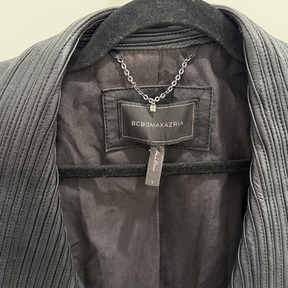 BCBGMaxAzria Black Ribbed Shawl-Collar Leather Jacket - Picture 2 of 5